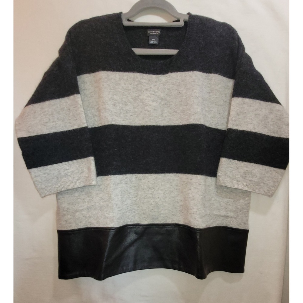 Club‎ Monaco Sweater Women's Large Italian Wool Blend Black Gray Stripe Leather